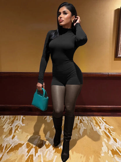 Mesh Patchwork 3 Piece Set Woman O-Neck Full Sleeve Tops+Shorts+Thin Leggings Tight Stretch Midnight Hipster Clubwear