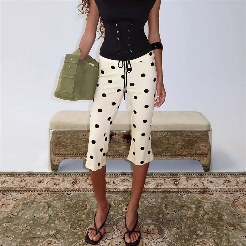 Women Y2K Polka Dot Print High Waist Cropped Pants Slim Fit Bodycon Capri Trousers Retro Streetwear Casual Daily Outfit