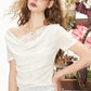 Elegant Draped Cowl Neck Short Sleeve Top, Lace Trim Asymmetrical Hem Blouse, Feminine Casual Slim Fit Top for Women