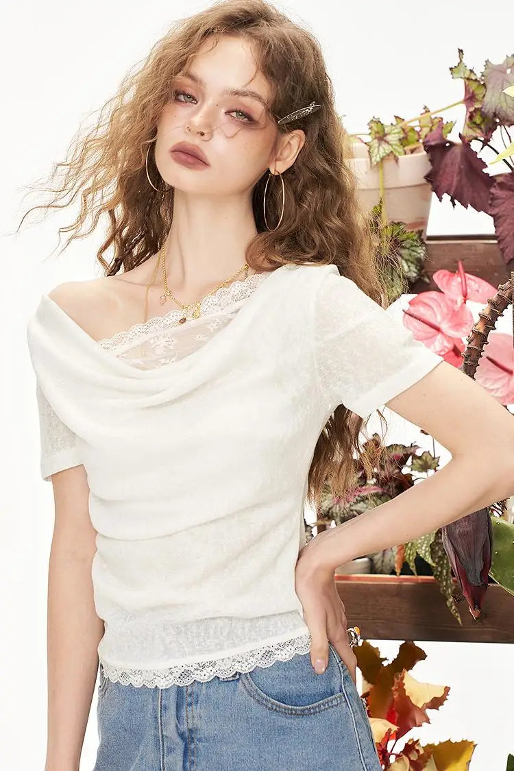 Elegant Draped Cowl Neck Short Sleeve Top, Lace Trim Asymmetrical Hem Blouse, Feminine Casual Slim Fit Top for Women