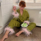 Women Feather Trim Satin Pajama Set Lapel Long Sleeve Top Wide Leg Pants Elegant Sleepwear Bachelorette Party Nightwear