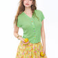 Women's Knit Blouse with Colorful Buttons & Logo Embroidery, V Neck Ruched Crop Top for Daily