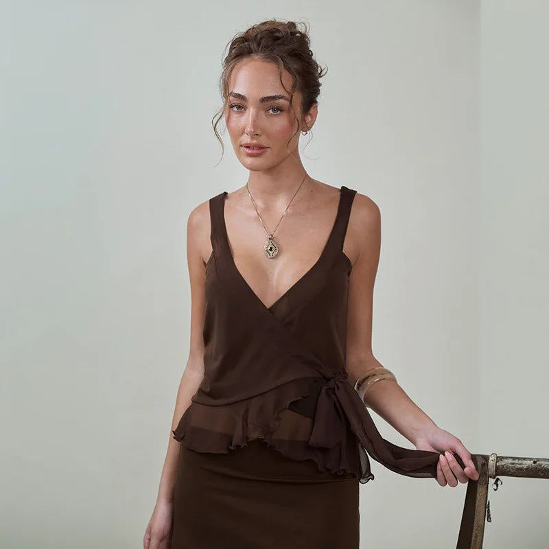 Two Piece Set Mesh Ruffled Backless Top and Mini Skirt Matching Sets Sexy Womens Outfit Summer 2026