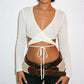 Women Y2K Deep V Wrap Long Sleeve Crop Top Self Tie Backless Crisscross Cutout Slim Fit Streetwear Cropped Blouse Tops