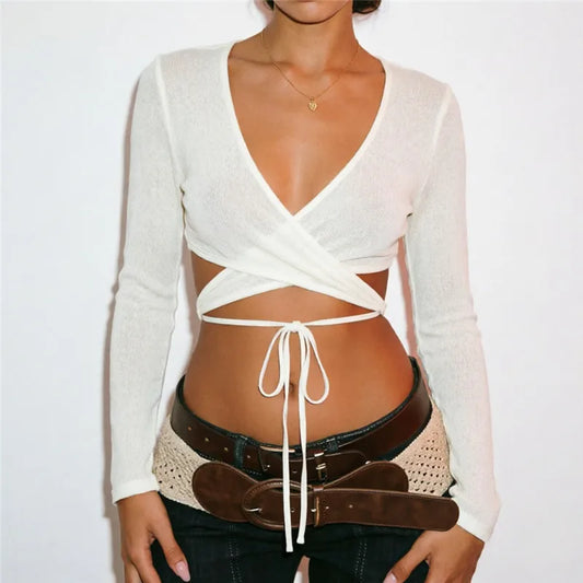 Women Y2K Deep V Wrap Long Sleeve Crop Top Self Tie Backless Crisscross Cutout Slim Fit Streetwear Cropped Blouse Tops