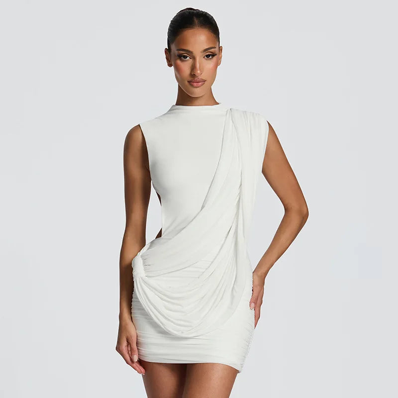 Asymmetric Ruched Mesh Sleeveless Backless Mini Dresses 2026 Woman Party Dress Brown White