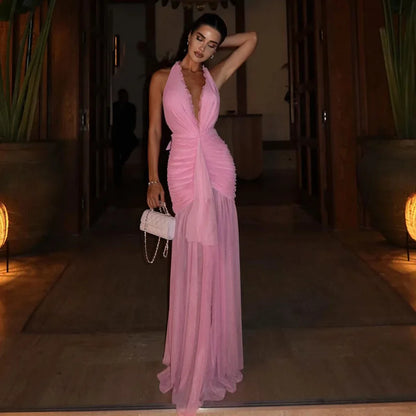 Pink Mesh Maxi Dresses for Woman Sexy Birthday Outfit Elegant Halter Backless Pleated Dress for Wedding Guest