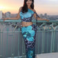 Leopard Flower Print 2 Piece Set Women Skew Collar Ribbon Crop Tops+Skinny Ruched Skirts Midnight Wild Style Outfits