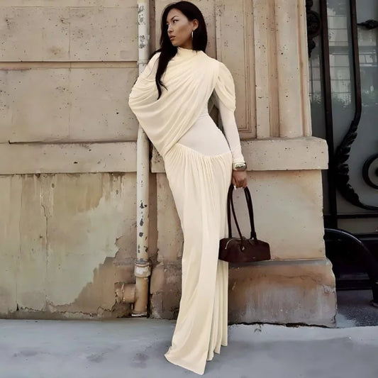 Asymmetrical Long Sleeve Pleated Maxi Dress Elegant Party Evening Dresses Winter Clothes Woman