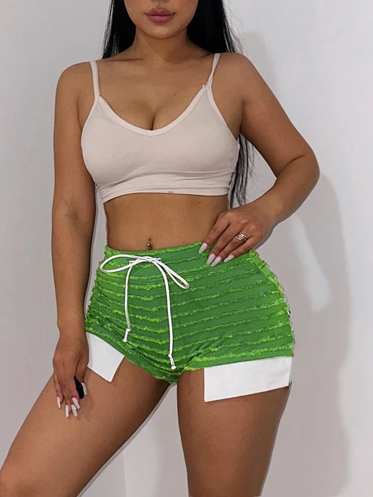 Black and White Striped Knitted Drawstring Slit Booty Shorts Streetwear Baddie Clothes Hot Pants Sexy Clubwear