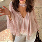 Women Striped Sheer Chiffon Blouse V Neck Neck Tie Ruffle Flare Long Sleeve Loose Cropped Casual Streetwear Office Tops