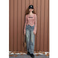 Women's Asymmetrical Ribbed Knit Top with Letter Embroidery, Flare Long Sleeve Pink Tee for Everyday Casual