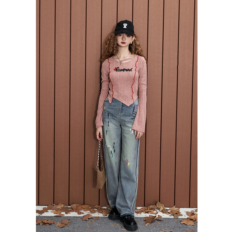 Women's Asymmetrical Ribbed Knit Top with Letter Embroidery, Flare Long Sleeve Pink Tee for Everyday Casual