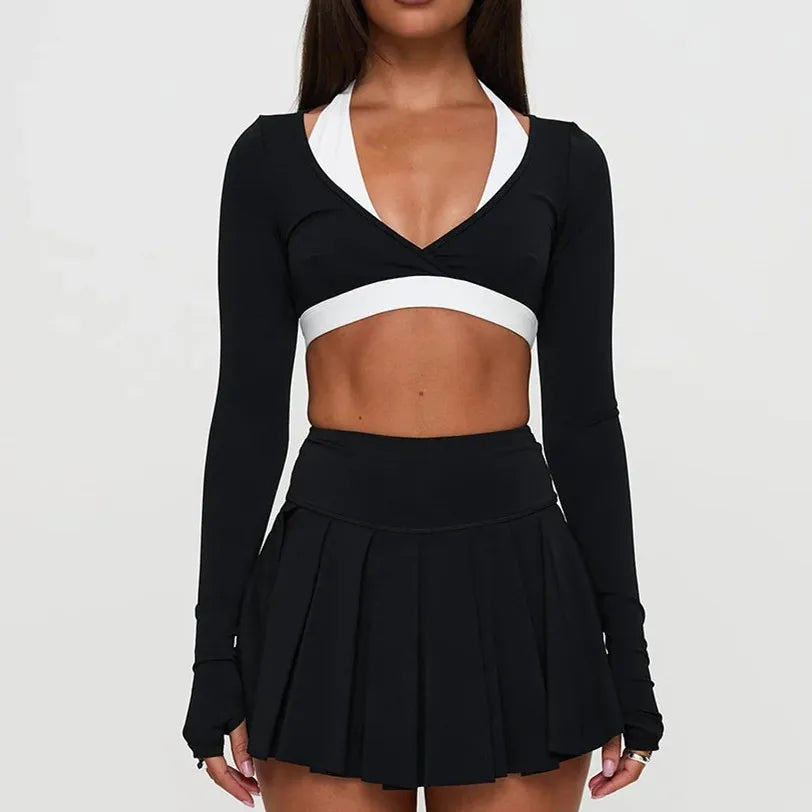 Women's Spring Fall Halter Neck Tops Long Sleeve Contrast Color Slim Fit Fake Two-piece Blouse Tee Sport Yoga Clothes