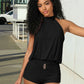 Folds Playsuits Women Metal Decoration Turtleneck Halter Bandage Backless Sleeveless Sexy  High Stretch Summer Outfits