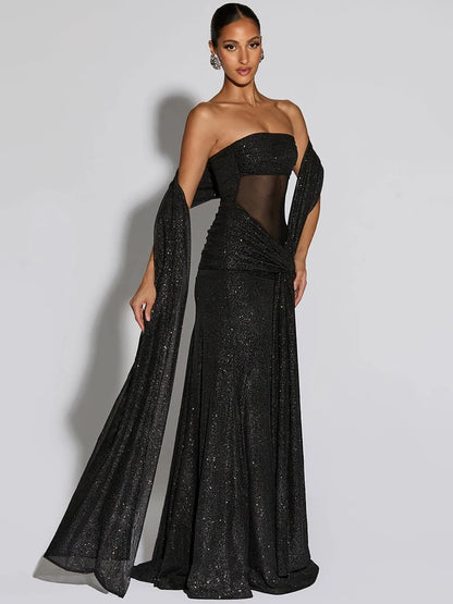 Sparkle Strapless Draped Sexy Maxi Dress Women Elegant Off-shoulder Sleeveless Backless Ruched Club Party Long Dress