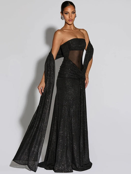 Sparkle Strapless Draped Sexy Maxi Dress Women Elegant Off-shoulder Sleeveless Backless Ruched Club Party Long Dress