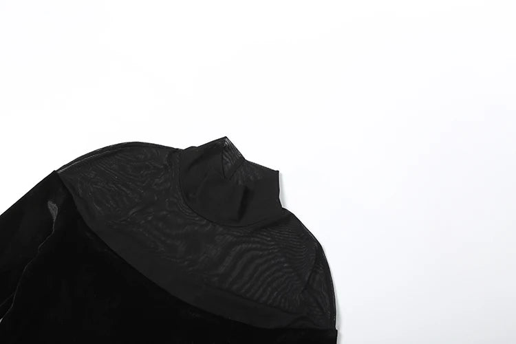 Full Sleeve Turtleneck Mesh Patchwork Long Dress Woman Elegant Velvet Slim High Waist Evening Prom Party Elegant Bodycon