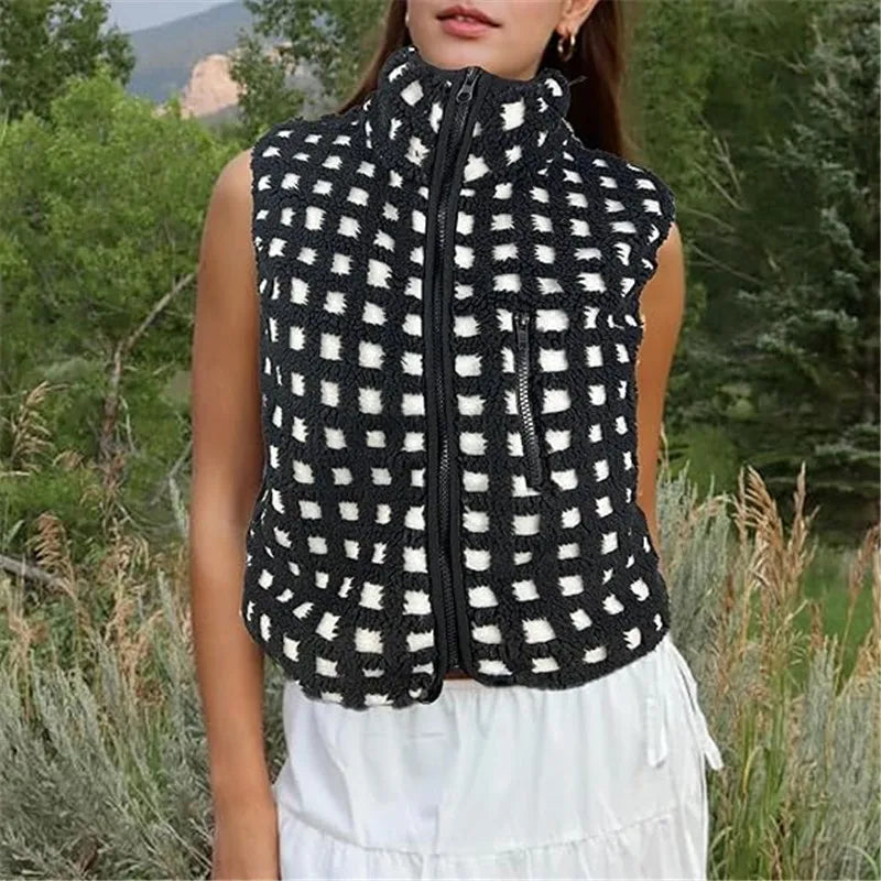 Womens Sherpa Fleece Vest Checkered Sleeveless Zip Up Warm Cardigan Polar Fleece Vest Jacket with Chest Pocket