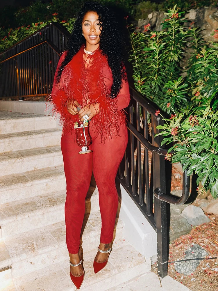 Feather Patchwork 2Piece Set Women Thin Fit Long Sleeve V-Neck Crop Top+Stretch Trousers Midnight Sexy Matching Suit