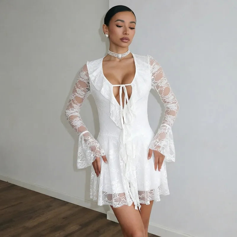 Tie Front Deep V Neck Long Sleeve Mini Dress Sexy Lace Black Fitted Autumn Dresses 2026 Woman Clothing