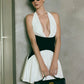 Patchwork Halter Backless Sexy Mini Dress Women Elegant Fashion V Neck Sleeveless High Waist Pleated Club Party Dresses