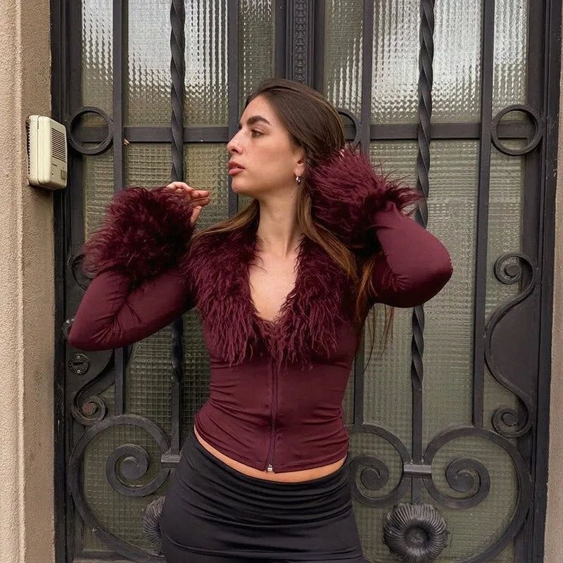 Zip Up Cardigan Long Sleeve Top with Fluffy Faux Fur Collar and Cuffs 2026 Fall Winter T Shirts Woman