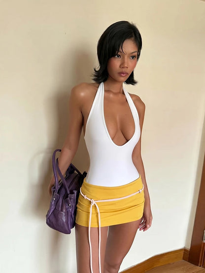 Street Mini Dress Woman Contrast Patchwork Bandage Halter Low-Neck Backless Skinny Peach Hip Y2K Elegant Style Bodycon