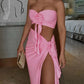 Sexy Skirt Two Piece Sets Women Flower Strapless Crop Tops And Midi Skirt Femme Backless Side Slit Sexy Two Piece Sets