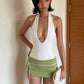 Street Mini Dress Woman Contrast Patchwork Bandage Halter Low-Neck Backless Skinny Peach Hip Y2K Elegant Style Bodycon