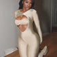 Hollow Satin Jumpsuit+Bra Tops Women Trend Simple O-Neck Full Sleeve Back Zip Patchwork Stretch Fashion Streetwear