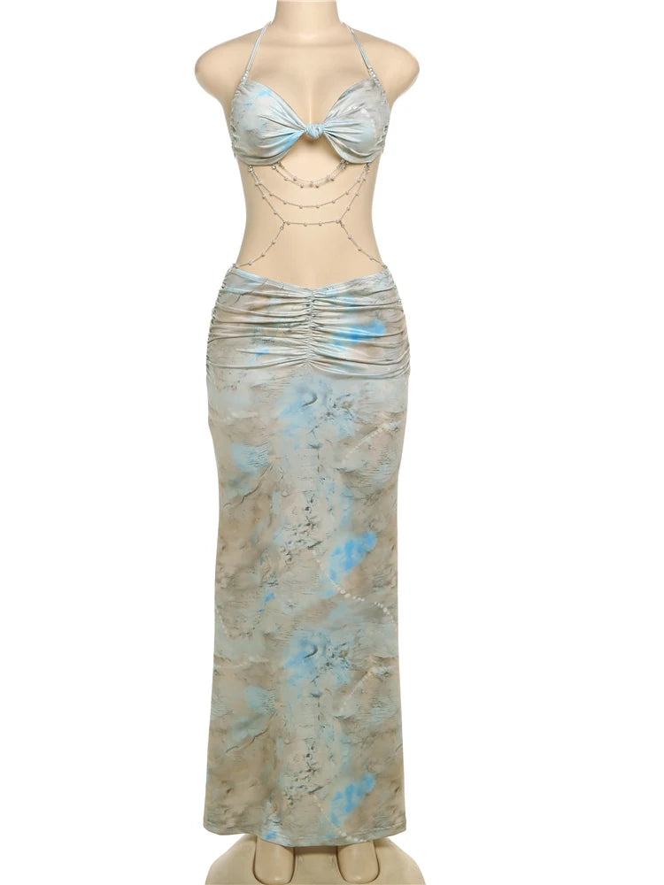 Gradient Chain Dress Women Halter Y2K Sexy Club Glitter Ruched Waistless Knot Backless Birthday Midnight Vestidos