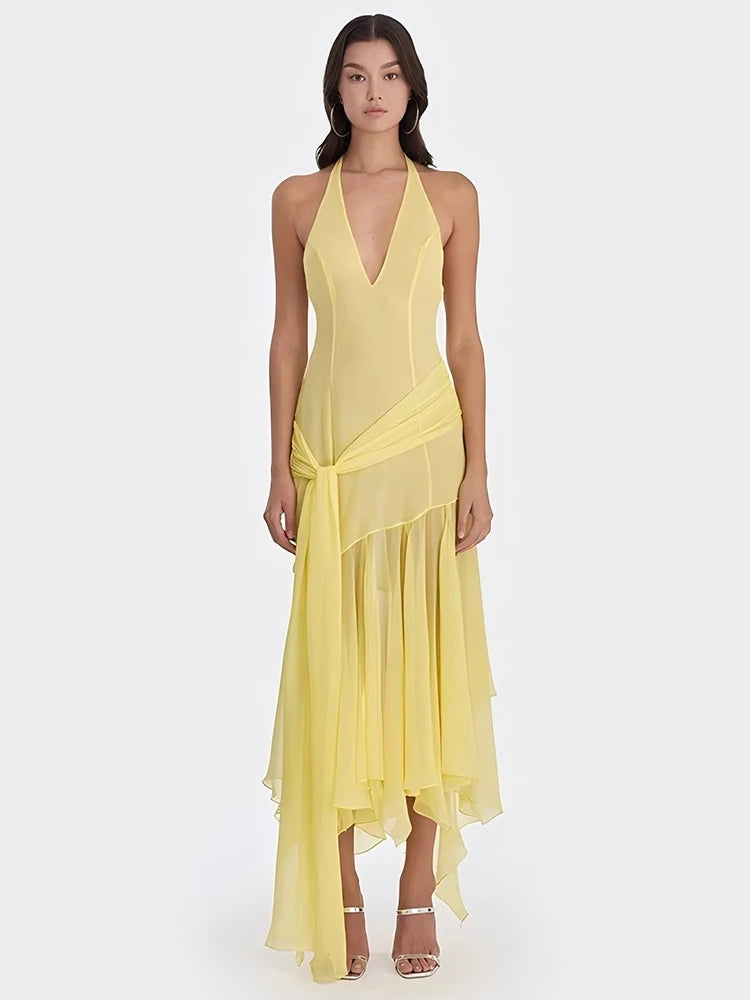 Halter V Neck Sexy Maxi Dress Women Gown Fashion Off-shoulder Sleeveless Backless Draped Ruched Club Long Dress Elegant