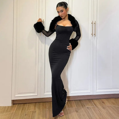 Black Backless Maxi Dress with Faux-fur Collar Long Sleeve Mesh Shrug 2 Piece Set Sexy Autumn Dresses 2026
