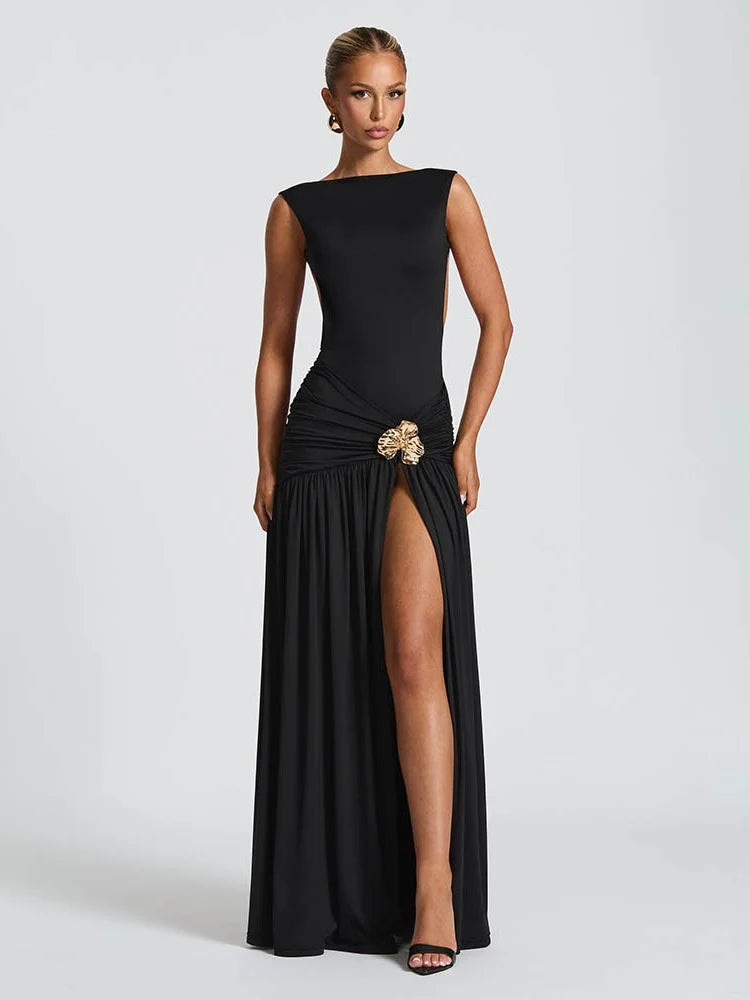 Sleeveless Backless Split Pleated Maxi Dress Elegant Sexy Evening Party Dresses for Wedding Guest
