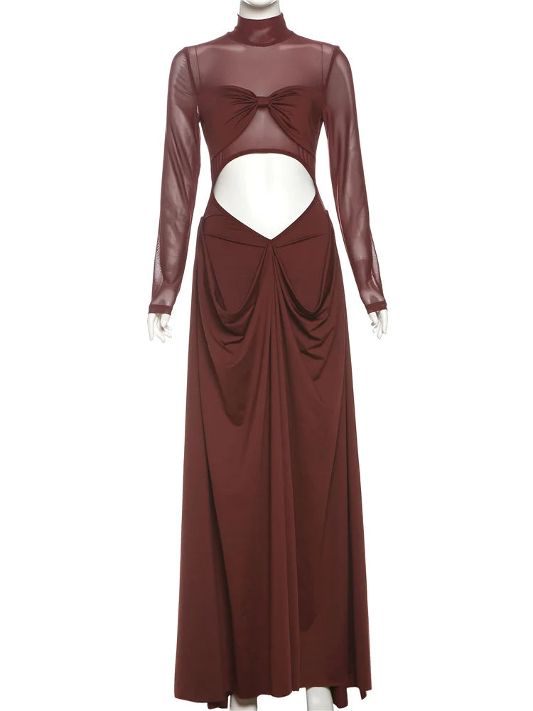 Wrap Knot Dress Women Sexy Patchwork Mesh Chic Hollow Full Sleeve Split Fall Hipster Elegant Birthday Party Vestidos