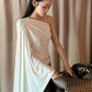 Slanted Shoulders t-Shirt Women One-Sided Flare Sleeve Folds Solid Skinny Simple Classic Street Leisure Chic Outfit