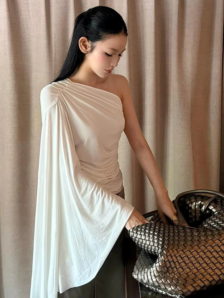 Slanted Shoulders t-Shirt Women One-Sided Flare Sleeve Folds Solid Skinny Simple Classic Street Leisure Chic Outfit
