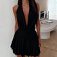Sexy Women Mini Dress Solid Color Tie-Up Halter Neck Cowl Neck Sleeveless Dress Summer Fashion Casual Pleated Dress