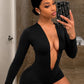 Deep v-Neck Playsuit Women Full Sleeve Skinny Elasticity Sexy Midnight Hottie Autumn New Trend Wild Simple Outfit