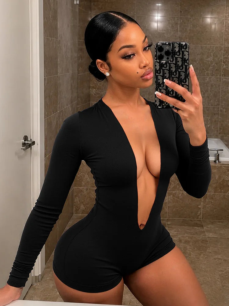Deep v-Neck Playsuit Women Full Sleeve Skinny Elasticity Sexy Midnight Hottie Autumn New Trend Wild Simple Outfit