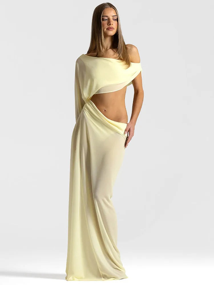 Off Shoulder Cutout Sexy Maxi Dress Women Elegant Draped Slinky Ruched Bodycon Cocktail Evening Party Dresses Gown
