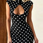 Polka Dot Print Mini Dress Woman Button o-Neck Sexy Hollow Design Short Sleeve Shape Waist Skinny Stretch Bodycon