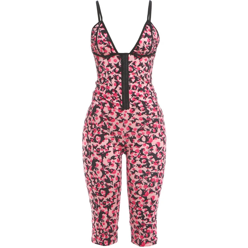 Art Print 2 Piece Set Woman Low-Neck Backless Single-Breasted Camisole Tops+Skinny Peach Hip Crop Pants Sexy Suits