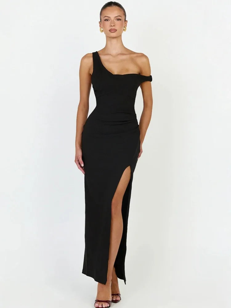 Asymmetric One Shoulder Sexy Maxi Dress Women Elegant Diagonal Collar Sleeveless Backless Cocktail Evening Party Dress