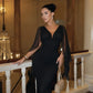 V-neck Floor-length Evening Gown with Mesh Flowing Cape Sleeves White Black Elegant Maxi Dresses Wedding