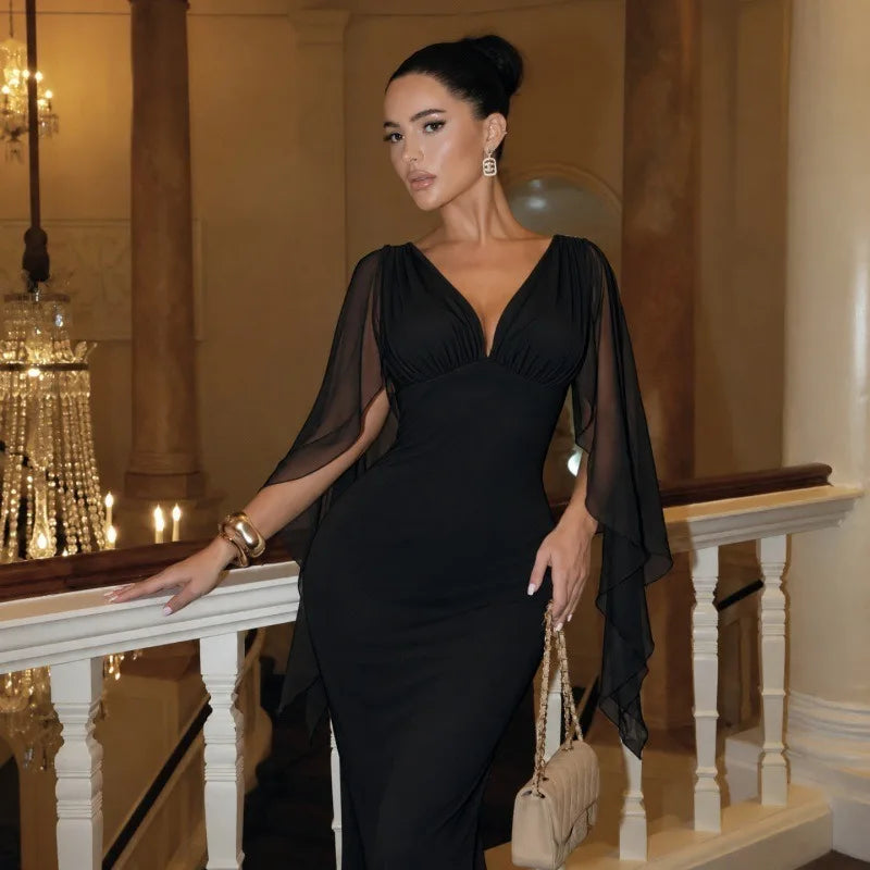 V-neck Floor-length Evening Gown with Mesh Flowing Cape Sleeves White Black Elegant Maxi Dresses Wedding