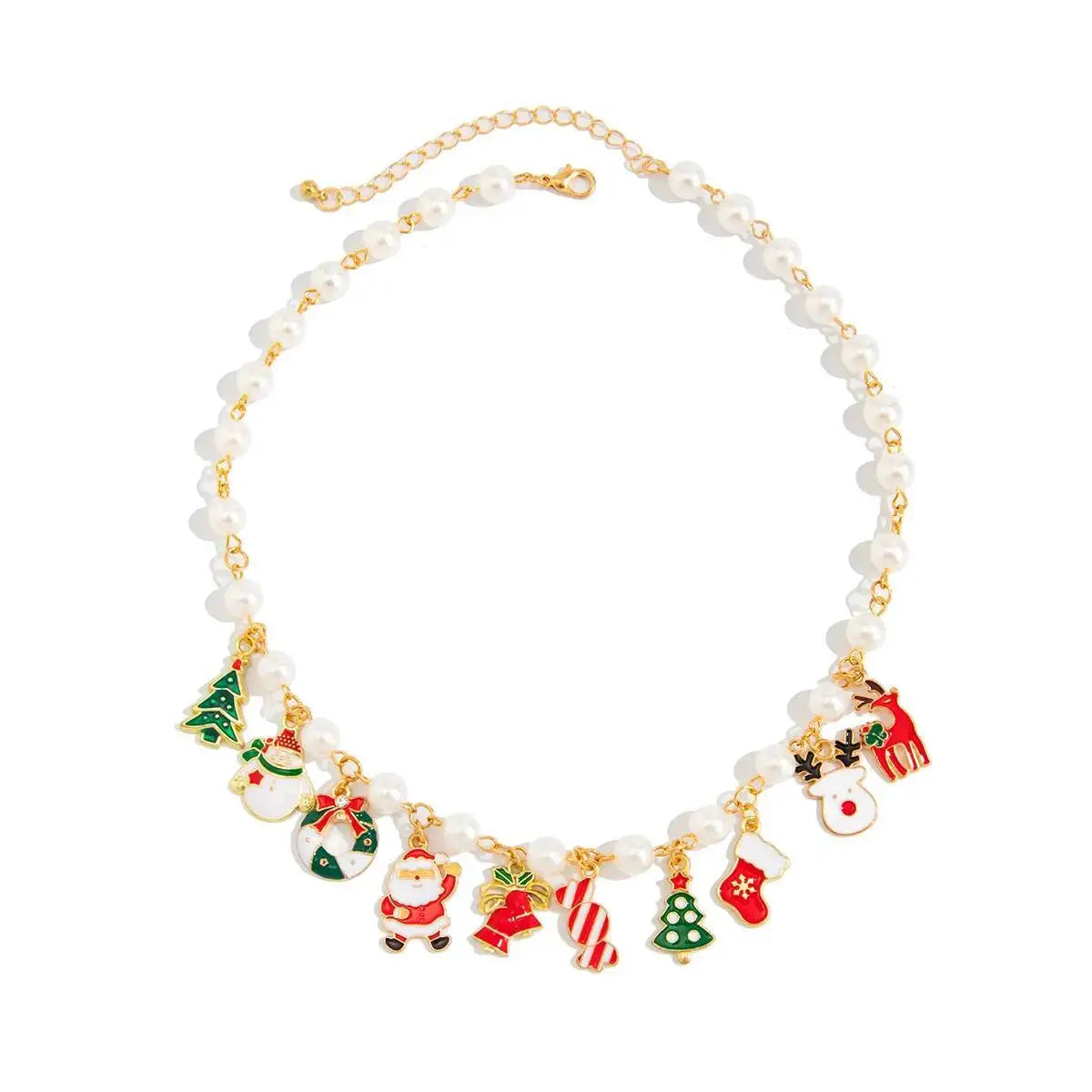 Christmas Imitation Pearls Snowman Tree Elk Pendant Choker Necklace for Women Trendy Metal Chain Jewelry Accessory