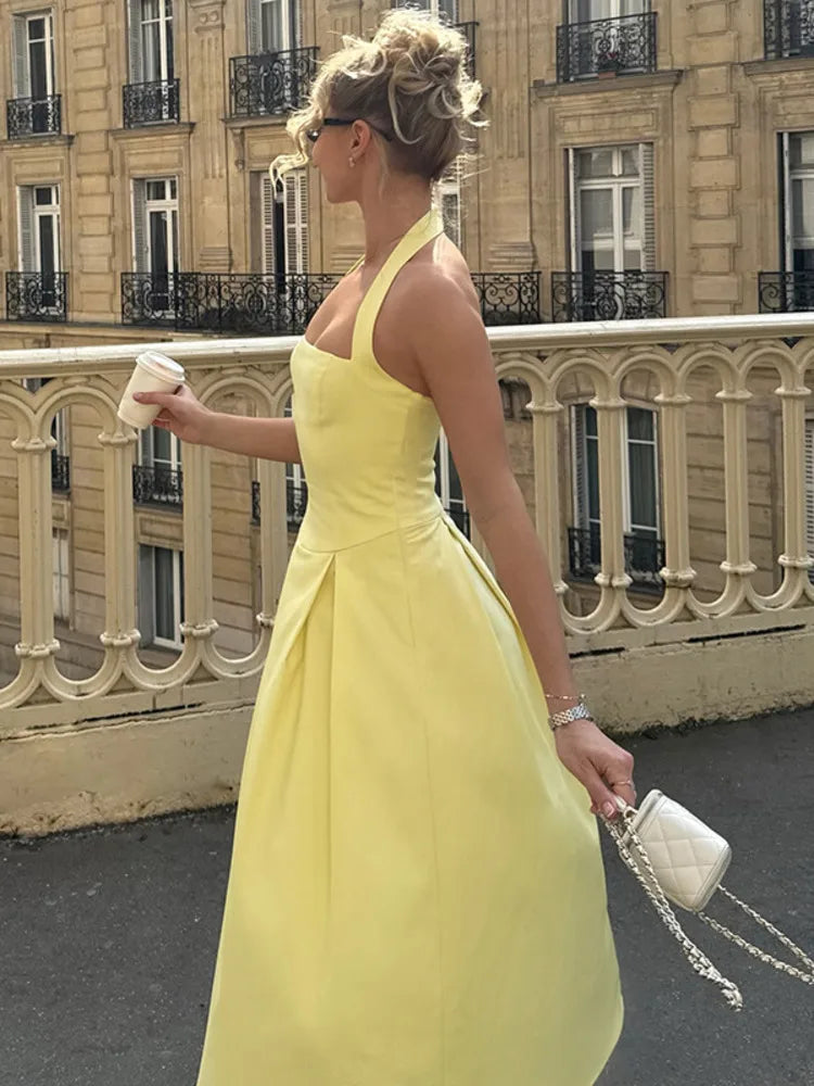 Halter Backless Sexy Midi Dress Women Fashion Solid Sleeveless High Waist A-line Club Party Pleated Long Dresses Female