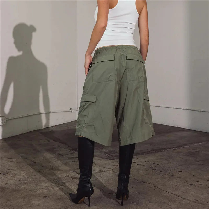 Elastic Drawstring Cargo Bermuda Shorts Women Multi Pocket Loose Wide Leg Knee Length Baggy Capri Culottes Y2KStreetwear